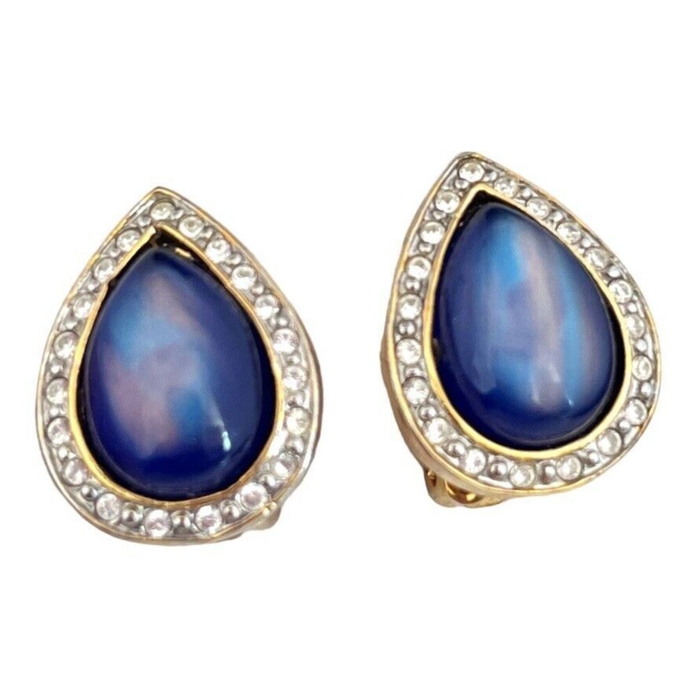 Vintage 1980s Swirled Blue Teardrop Clip Earrings Gold Tone Crystal - 1P